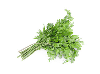 Bunch of fresh green parsley leaves isolated on white, top view