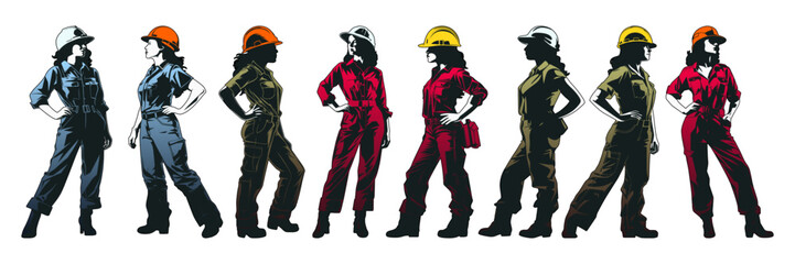 Female construction worker with helmet and work overall. Set of working woman in different poses and color options. Silhouette of female workers in uniform. Vector illustration isolated on white