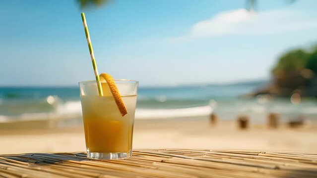 The edge of a bamboo straw peeks out from behind the drink, giving it a fun and summery feel.