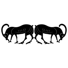 Symmetrical animal design or frame with two stylized goats or antelopes. Black and white silhouette. Ancient Greek vase painting style.