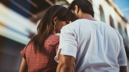 Affectionate young couple walking on the street, smiling and talking to each other. Man and woman in love. Romance, dating, loving relationship.