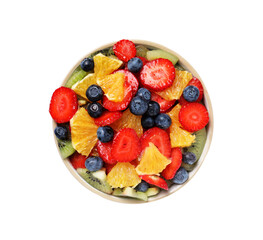 Tasty fruit salad in bowl isolated on white, top view