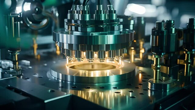 Closeup of machinery and equipment used in the extraction and purification of tritium, showing the intricate process involved in its production.