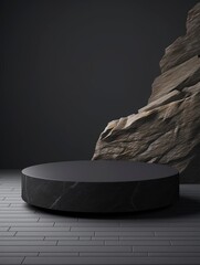 Stone and Rock shape 3d render illustration. Round podium, pedestal for brand product exhibition. Solid dark black color. Mockup template for ads design, copy space, generative ai