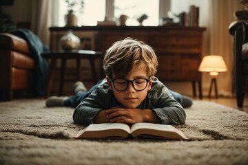 One boy lies on the floor at home during the day and reads a book with glasses
