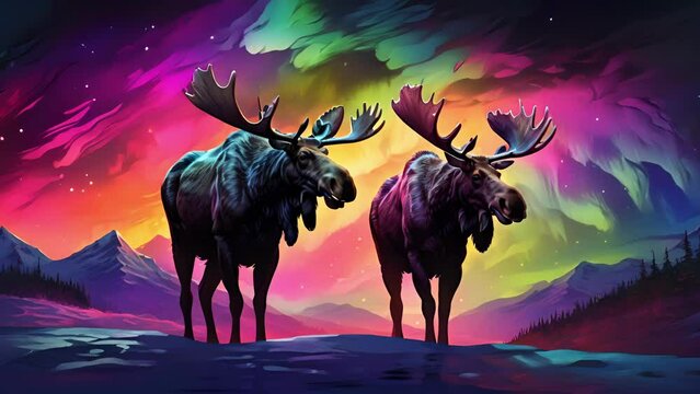 Closeup animation of a majestic Moose silhouetted against a backdrop of vibrant Northern Lights dancing across the night sky. .