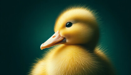 A close-up image of a duckling on a dark teal background - Generative AI