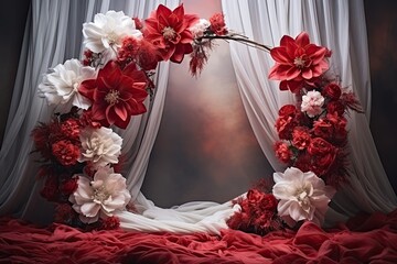 Maternity backdrop, wedding backdrop, photography background, maternity props, Light hoop weaved teal and coral flowers, elegant wall background, flowing white satin drape, backdrop, giant flowers