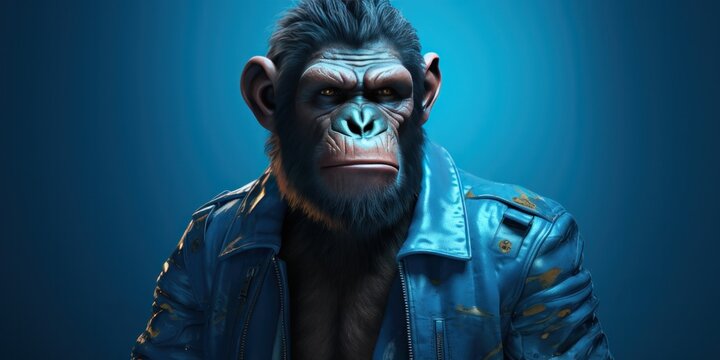 illustration of chimpanzee in a leather jacket, generative AI