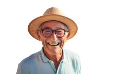 Portrait of a smiling, stylish elderly man wearing a hat and glasses isolated on transparent background