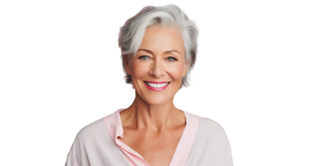 Close-up portrait of a smiling stylish mature woman, happy old senior woman isolated on transparent background