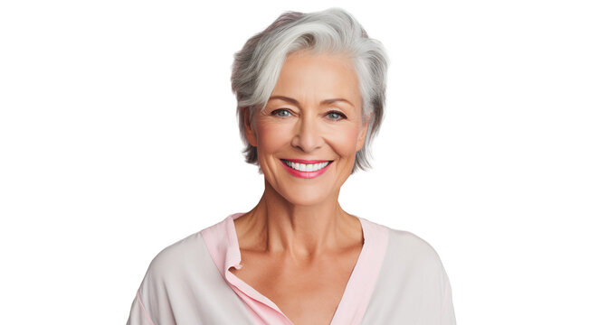 Close-up portrait of a smiling stylish mature woman, happy old senior woman isolated on transparent background