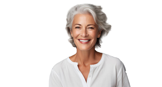 Portrait of a smiling stylish mature woman, happy face of an old senior woman isolated on transparent background