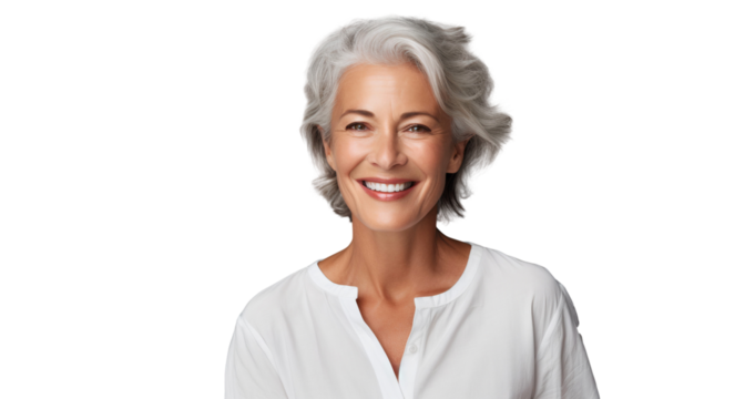 Portrait of a smiling stylish mature woman, happy face of an old senior woman isolated on transparent background