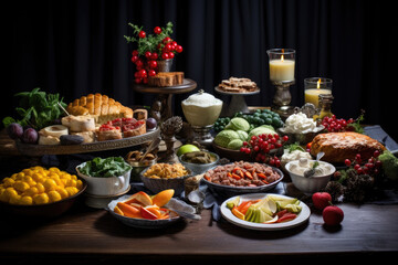 Fototapeta na wymiar Gourmet Christmas Brunch Spread, array of dishes, family gathering delight 