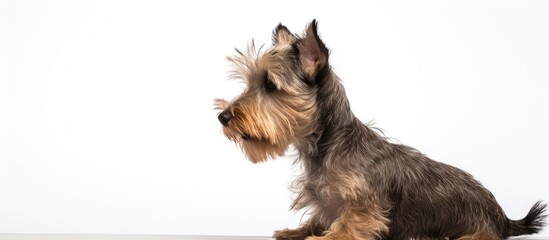 In the studio, a purebred terrier is positioned on a white background, isolated from people, portraying a pet mammal; a domestic, carnivorous, and vertebrate canine, with its gaze turned away.