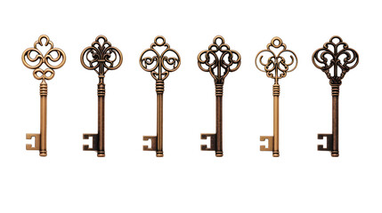 Antique Keys Collection Isolated on Transparent or White Background, PNG - obrazy, fototapety, plakaty