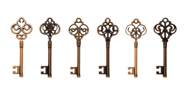 Antique Keys Collection Isolated on Transparent or White Background, PNG