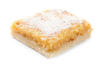 Tasty lemon bar with powdered sugar isolated on white