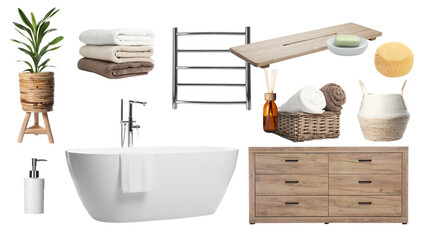 Mood board with bath tub, bathroom supplies and decorative elements on white background