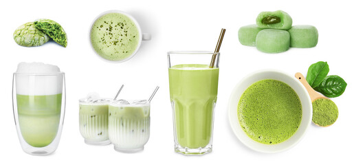 Matcha tea products and drinks isolated on white, collection