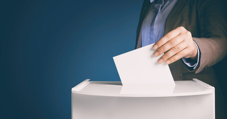 Woman putting her vote into ballot box on gradient color background, closeup. Banner design with space for text