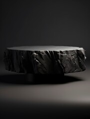 Stone and Rock shape 3d render illustration. Round podium, pedestal for brand product exhibition. Solid dark black color. Mockup template for ads design, copy space, generative ai
