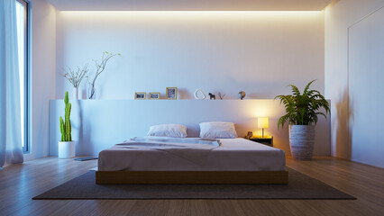 White-themed minimal bedroom interior, 3d rendering