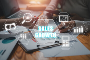 Sales growth concept, Business team analyzing income charts and graphs on office desk with sales...