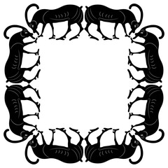 Rectangular animal frame with grazing goats or antelopes. Black and white silhouette. Ancient Greek vase painting style.