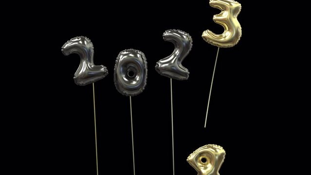 colored new year mylar balloon writing 2023 with the 3 flying away and 4 floating up to form 2024  black the end gold
