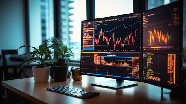A computer screen showing financial indices and investment strategies in a well-lit minimalist workspace.