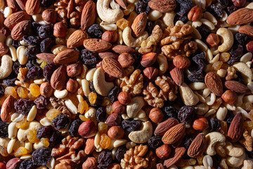 Mixed Nuts: Almonds, Walnuts, Cashews, Peanuts, Hazelnuts, Dried Prunes and Raisins. Different Nut Mix. Background from Various Nuts and Dried Fruits
