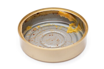 Opened Empty Tin Can Isolated on White Background. Dirty Used Aluminum Can - Isolation. Non-Degradable Inorganic Waste