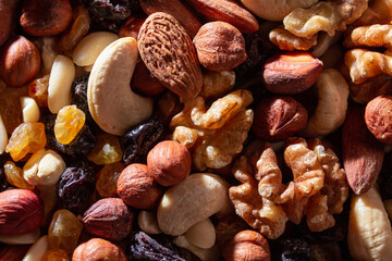 Mixed Nuts: Almonds, Walnuts, Cashews, Peanuts, Hazelnuts, Dried Prunes and Raisins. Different Nut...