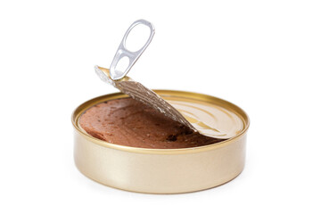 Opened Tin Can with Chicken Liver Pate Isolated on White Background. Open Canned Pate - Isolation