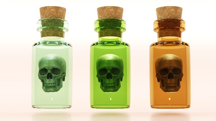 3D rendering of glass bottles of poison with a human skull on a color background, dangerous liquid in a bottle design
