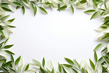 frame of green leaf border with solid white background. overlay texture with copy space