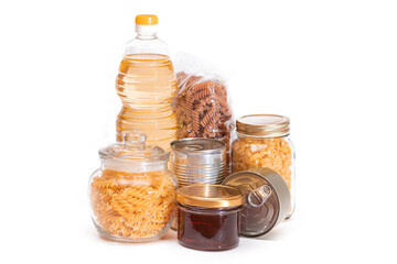 Food Reserves: Canned Food, Spaghetti, Pate, Tuna, Tomato Juice, Pasta, Fish and Grocery - Isolated on White Background. Emergency Food Storage in Case of Crisis. Strategic Food Supplies - Isolation