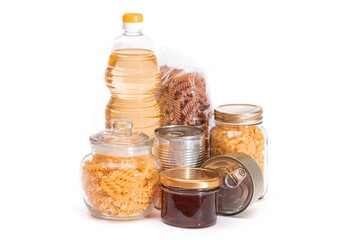 Food Reserves: Canned Food, Spaghetti, Pate, Tuna, Tomato Juice, Pasta, Fish and Grocery - Isolated...