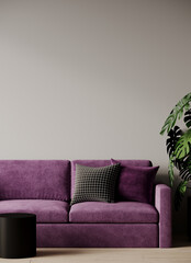 Living room cozy lounge with taupe beige wall - empty paint background for art. Interior design mockup. Bright purple violet color accent sofa couch. Black elements decor. 3d rendering 