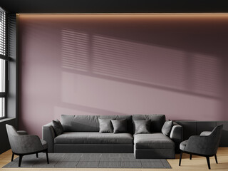 Dark livingroom with sofa and armchairs. Deep dusty purple mauve color - volet accent of empty mockup walls and gray furniture. Premium lounge room or office hall, reception scene. 3d rendering 