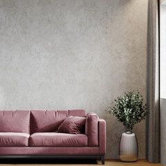 Premium livingroom with accent background micro cement plaster texture wall. Pink pastel dusty mauve color furniture. Luxury loungeroom, office hall, reception scene. Canvas interior art. 3d render