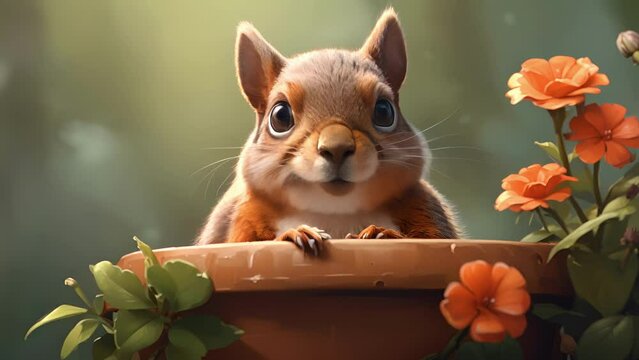Closeup animation of a shy squirrel hiding behind a flower pot. .