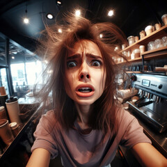 comical fisheye photo of a young woman with messy hair desperately in need of coffee