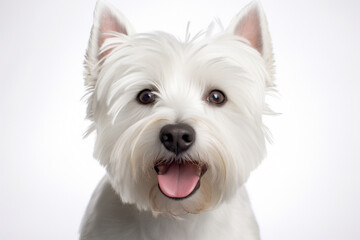 West Highland White Terrier dog close-up portrait on a white background.