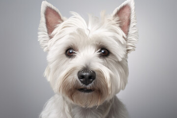 West Highland White Terrier dog close-up portrait on a white background.
