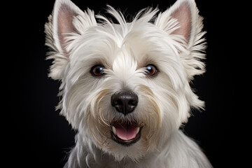 West Highland White Terrier dog close-up portrait on a black background.