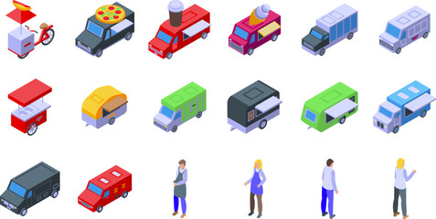 Cafe on wheels icons set isometric vector. Food truck. Coffee cotton candy snack - obrazy, fototapety, plakaty