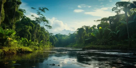 Fotobehang The Brazil and Colombian Amazon river - High res photo with HDR and texture, beautiful focus on the water and the lush plant life around the river © dreamalittledream